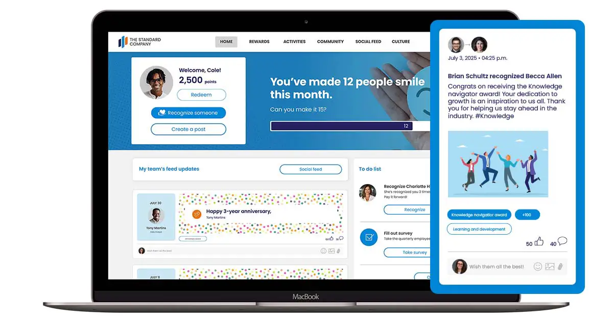 example of recognition being issued on employee recognition platform