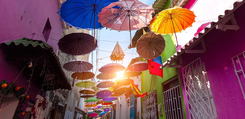 Umbrella street in Cartanega, Colombia