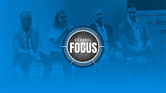 channel focus panel speakers under blue overlay with logo