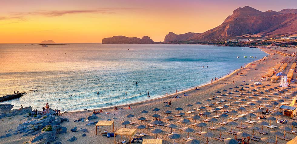 sandy beach along the coast of Chania, Crete, Greece.