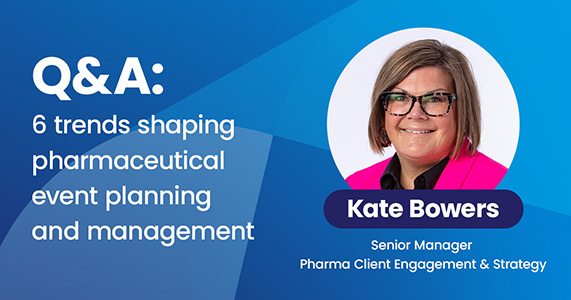 Kate Bowers, ITA Group Senior Manager, Pharma Client Engagement & Strategy on blue background