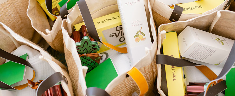 gift bags filled with locally-sourced gifts